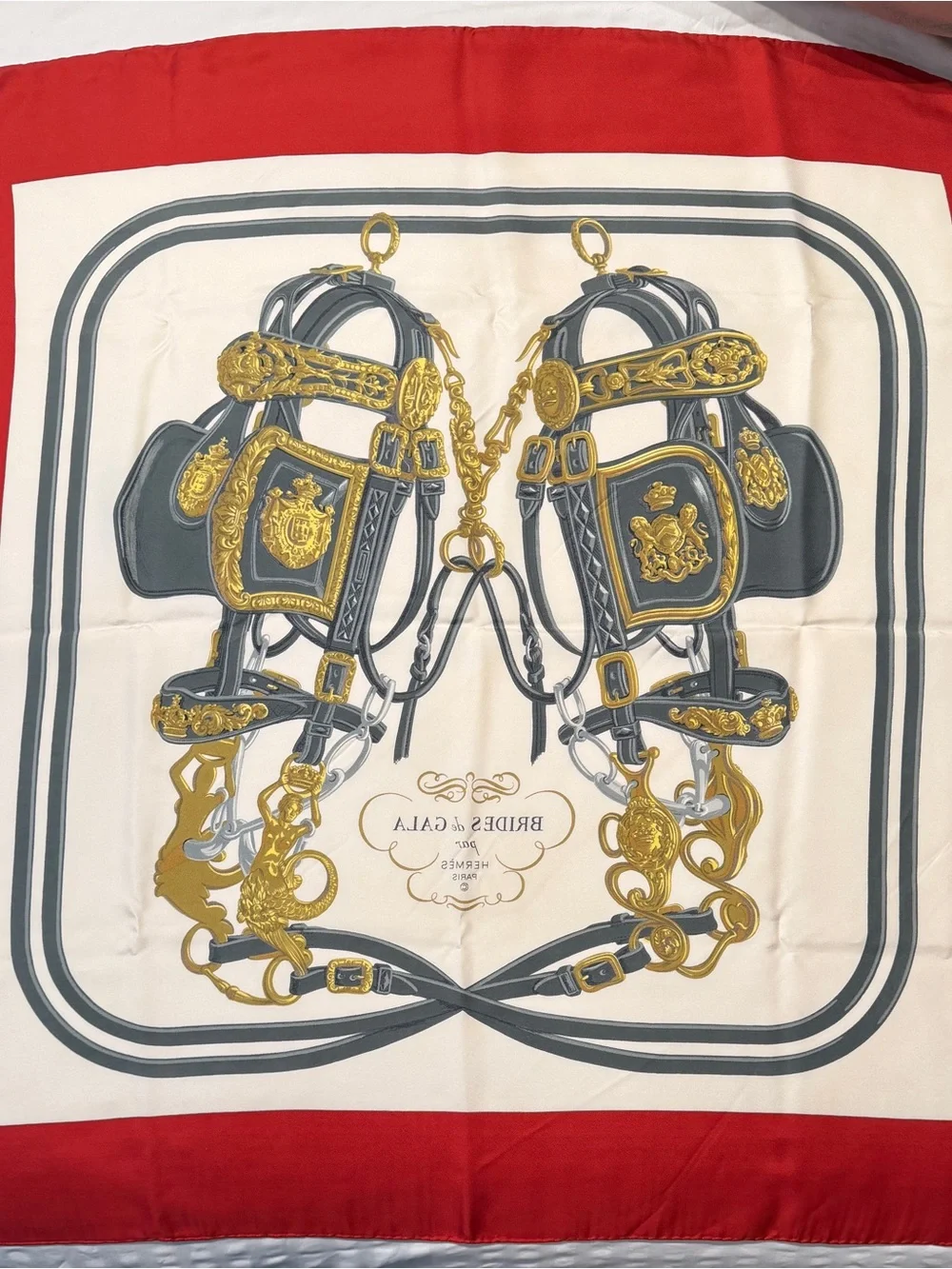 Hermes Red, Cream, Gray & Gold Bridle Print Silk Scarf